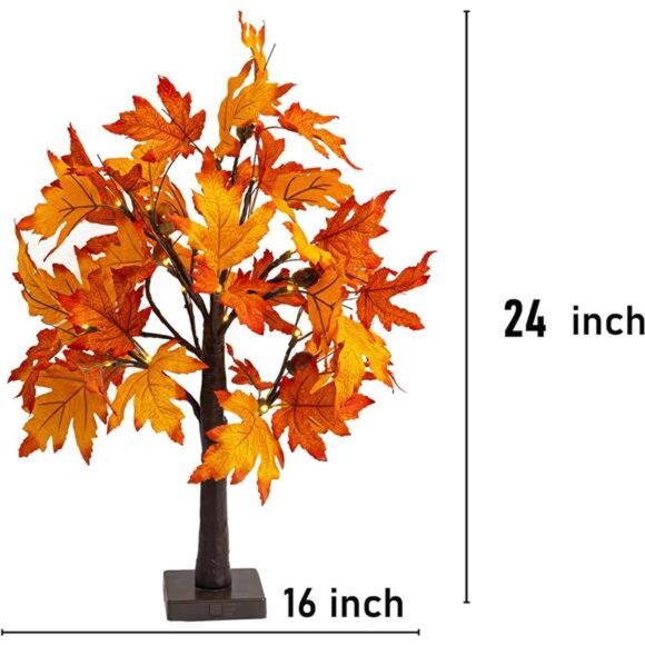 2Pack 24Inch Lighted Thanksgiving Fall Maple Tree Decor, 24 LED Battery Operated - Picture 2 of 8